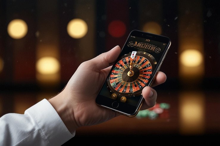 permainan slot Jewels of Prosperity interface on iOS showing betting controls, video quality toggle, and live balance
